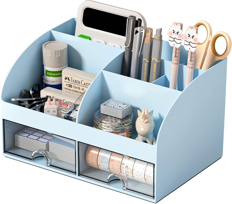 COMFYROOM Desk Organizer with 6 Compartments and 2 Drawers, Plastic Makeup Organizer, Pen Holder for Desktop Storage, Desk Organization for School, Home, Office Supplies (Blue) - Image 1